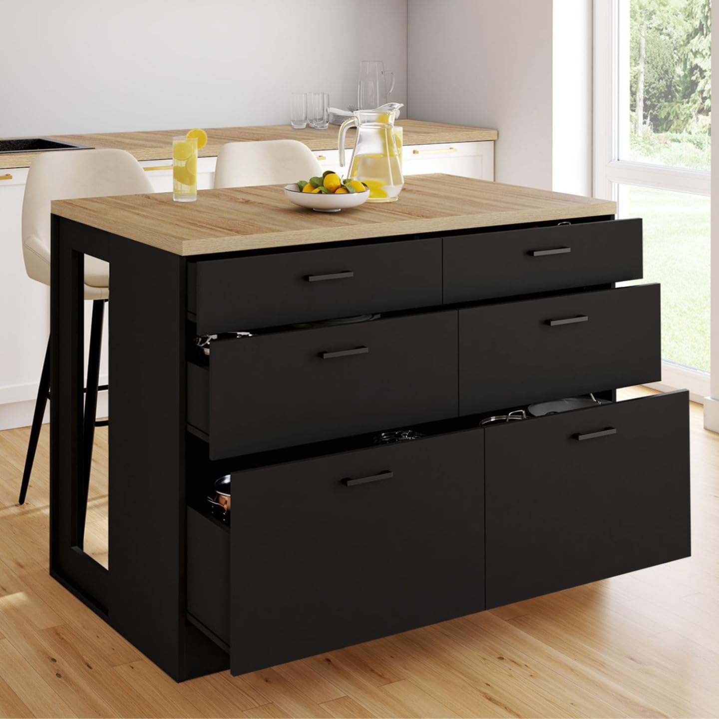 IDMarket - Ilot Central Mange-Debout Orso 120 cm casserolier 6 tiroirs Noir avec Plan de Travail façon hêtre