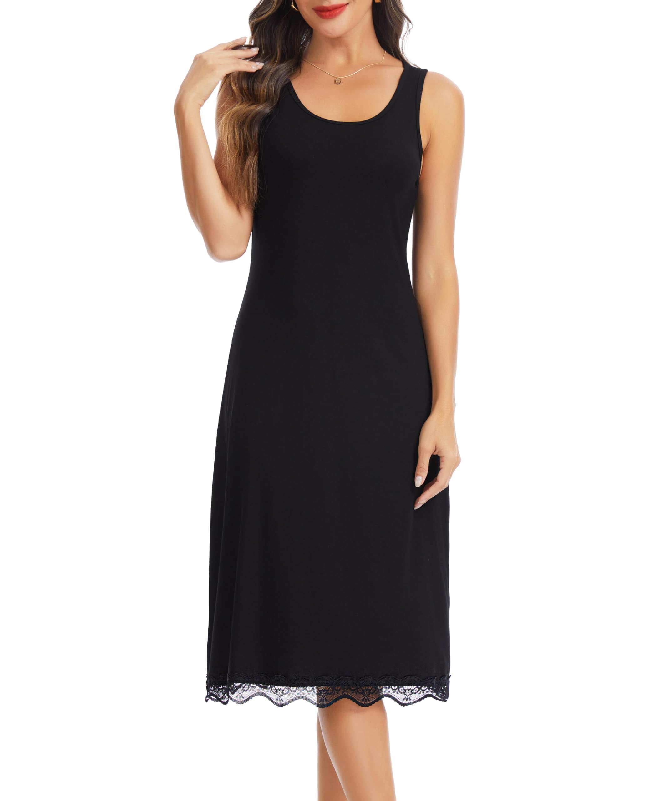 Lovasy Unterkleid Damen Lang Full Slip Tank Top Modal Unterkleider für Damen Breite Schultergurte Spitzensaum Nachthemd