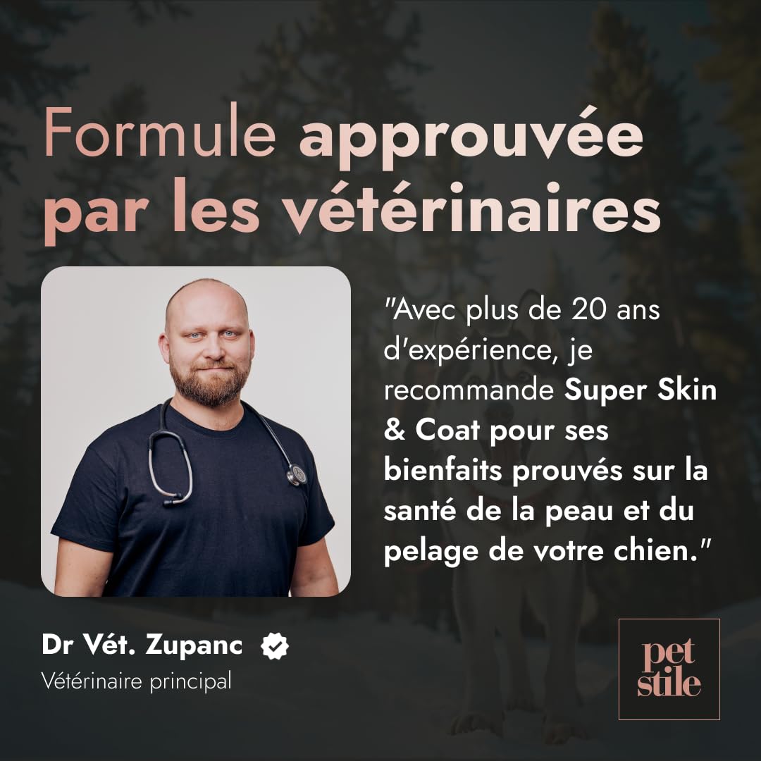Super Skin & Coat Omega 3 pour Chiens – Peau Saine & Pelage Brillant avec Oméga-6, Zinc, Biotine, Vitamine E & Huile de Poisson – Réduit Démangeaisons & Perte de Poils (100 g (Paquet de 3))
