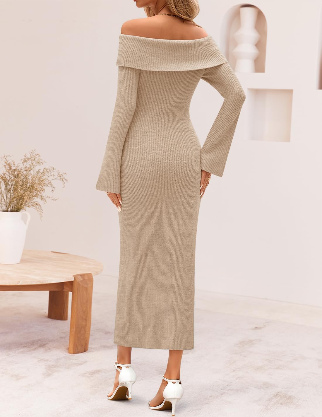 ZESICA Women's Fall Off Shoulder Sweater Dress 2025 Bell Long Sleeve Ribbed Knit Bodycon Formal Maxi Dresses - Image 3