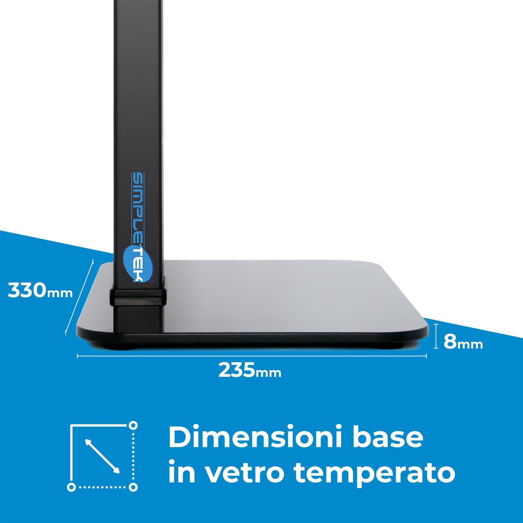 SIMPLETEK - Supporto da Tavolo Universale per Monitor e TV 23"-43" - Base in Vetro Temperato - Max 40kg - VESA 200x200 - Design Slim Nero