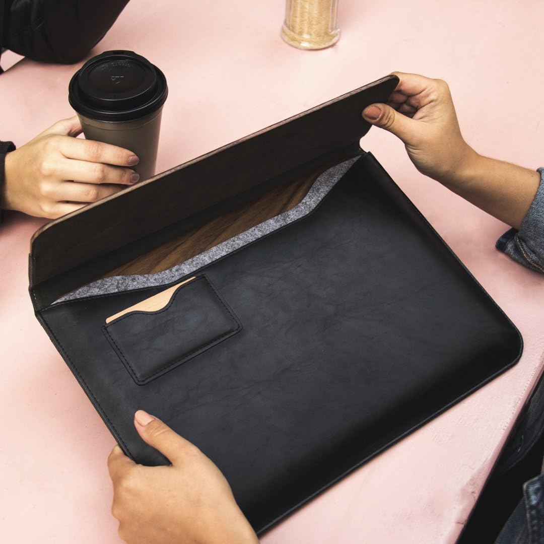 Woodcessories - Wooden MacBook Bag Compatible with MacBook 15" of Real Walnut Wood, EcoPouch (Black Leather)