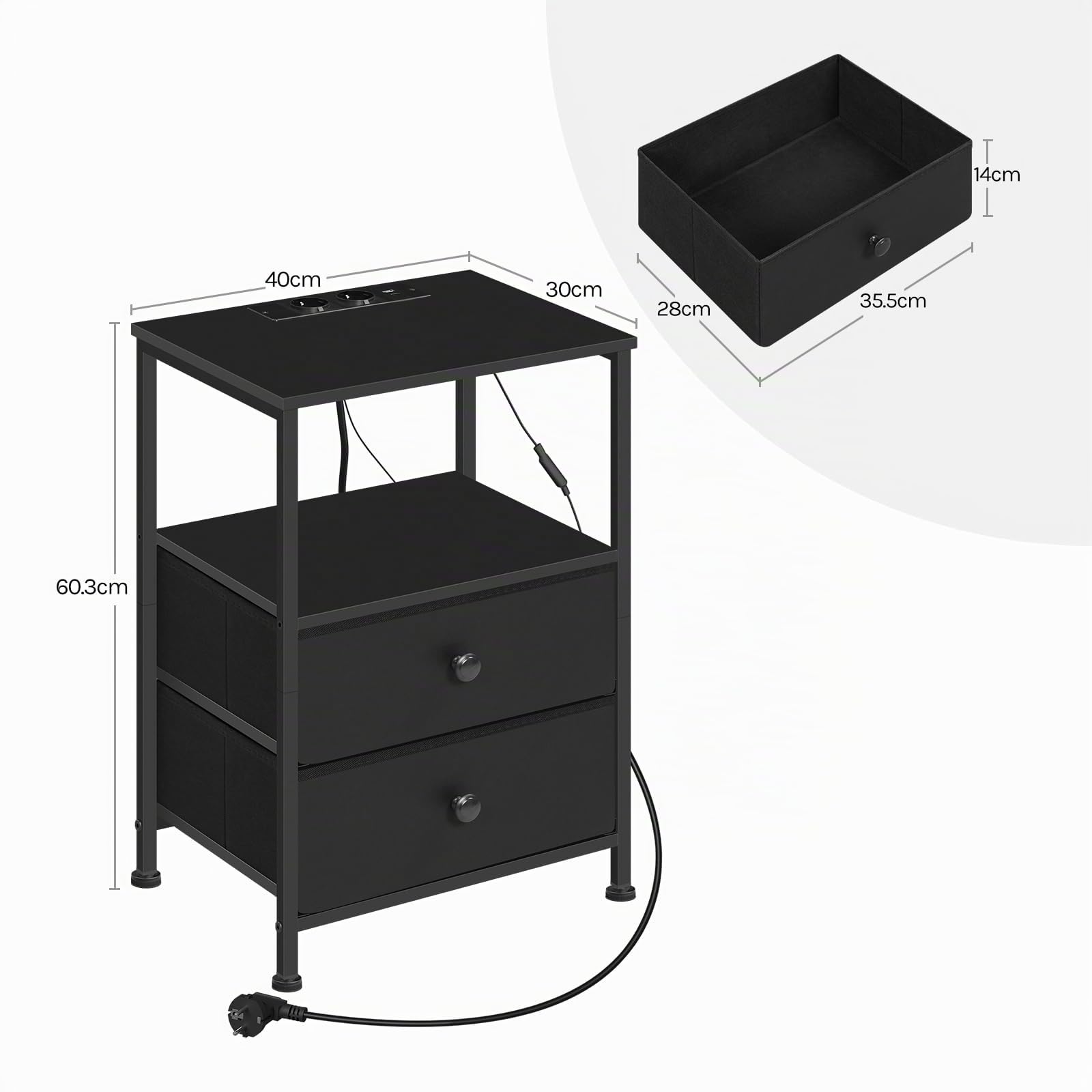 WOLTU Mesita Noche con Enchufes, Mesa Auxiliar Luz LED, 2 Cajones de Tela y Estantes Abiertos, Mesilla de Noche Negra, para Salón, Dormitorio y Oficina, Metal + MDF, NTS27sz | 2 cajones de tela y estantes abiertos, mesilla de noche inteligente para salón,