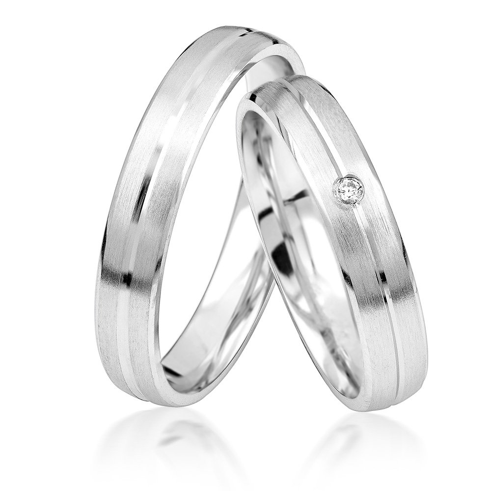 JC Trauringe 925er Sterling Silber Paar-Preis I Ehe-Ringe inkl. kostenloser Gravur I Verlobungsringe 4,5 mm breit inkl. Etui I Herren-Ring ohne & Damen-Ring mit Zirkonia-Stein I Gr. 48 bis 72 I S062