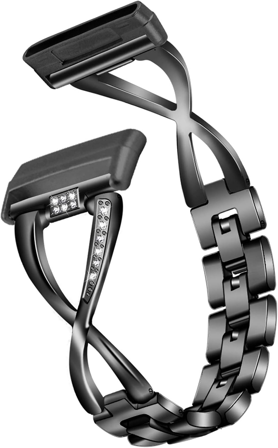 Versa 3 Wristband, X-Shape Stainless Steel Rhinestones Links Adjustable Fitness Strap with Folding Clasp Slim Replacement Bands Compatible for Fit bit Versa 3/Sense (Black)