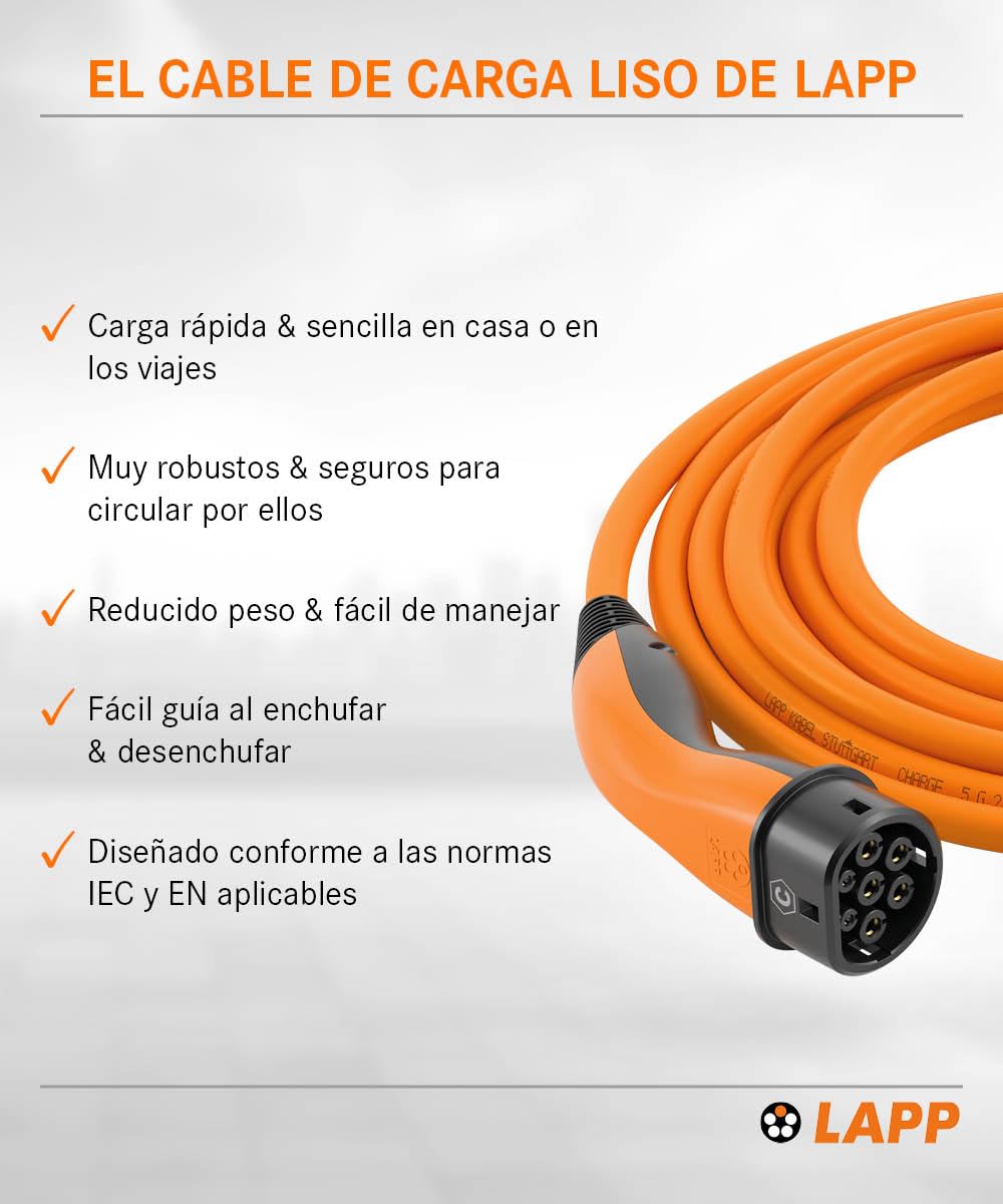 Lapp Mobility EV Cable de Carga Tipo 2, 11 kW/Liso / 20 A/Trifásico/Cable de Carga para Coches eléctricos/Modo 3 / 7m