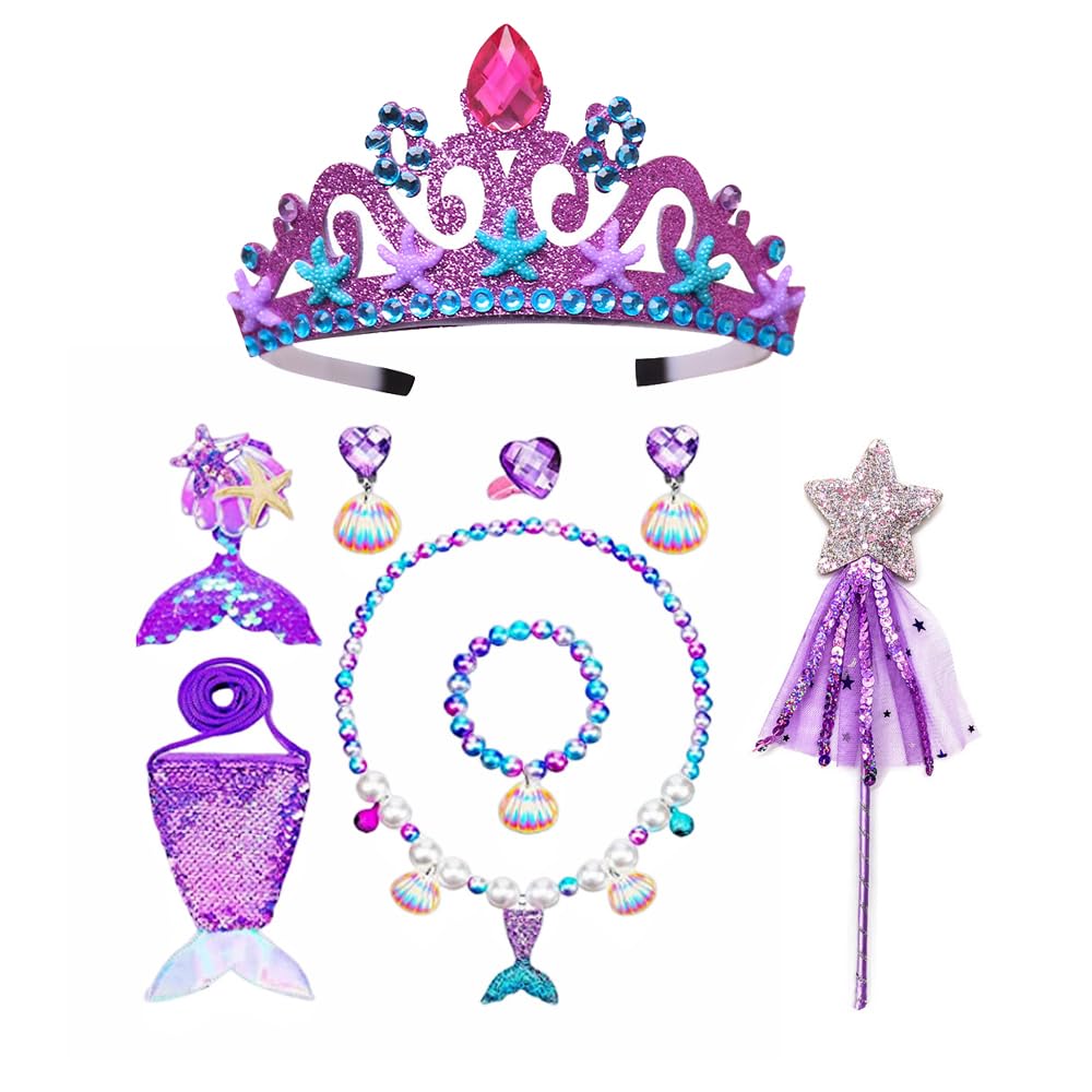 Kids Mermaid Princess Crown and Tiara Set, Necklace and Earrings, Birthday Party Favours, Purple