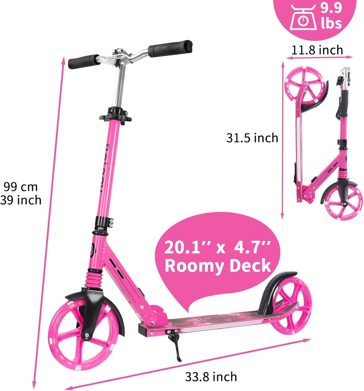 BELEEV V5 Plus Scooters for Kids Ages 6+, Teens with Light-Up Wheels & Deck, 2 Wheel Folding Lightweight Sport Scooter with 4 Adjustable Height, 8-inch Big Wheels, Carry Strap, Max Load 220 lbs - Image 7