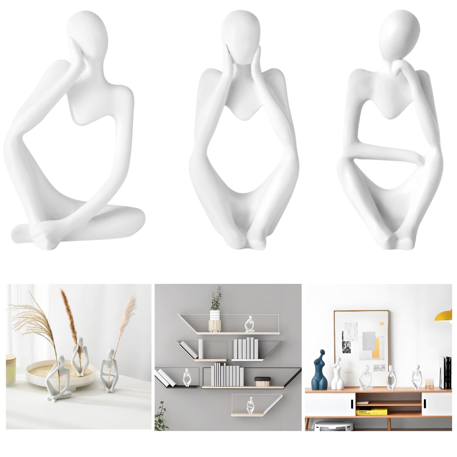 IcosaMro Thinker Statues Bookshelf Decor Abstract Sculpture Mid-Century Art Collection Figurines Modern Boho Home Decor Aesthetic Accents for Entryway Office Coffee Table Dresser TV Stand (White)