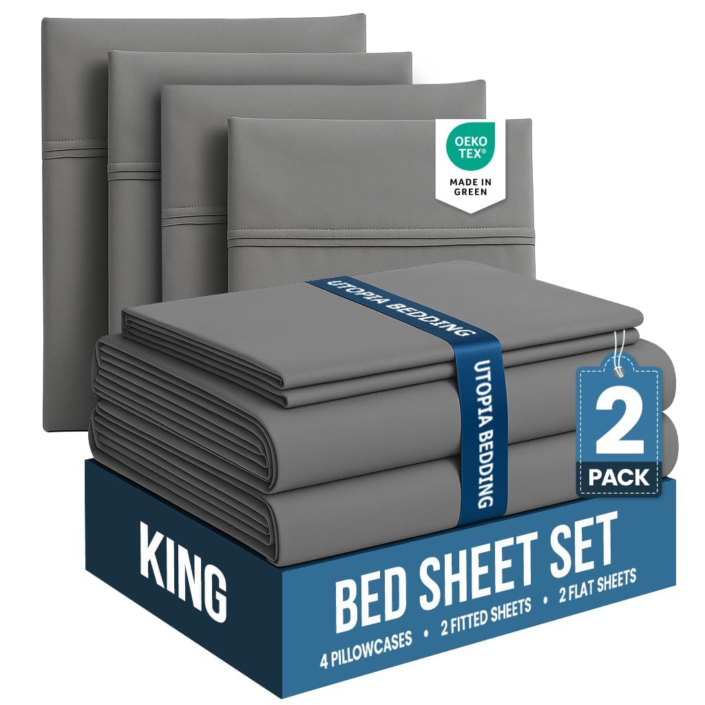 Utopia Bedding King Bed Sheets Set - Pack of 2 Sheet Sets - Perfect for Spa, Hotel, & Guest Bedroom - Brushed Microfiber - Shrinkage and Fade Resistant - Easy Care (Grey)