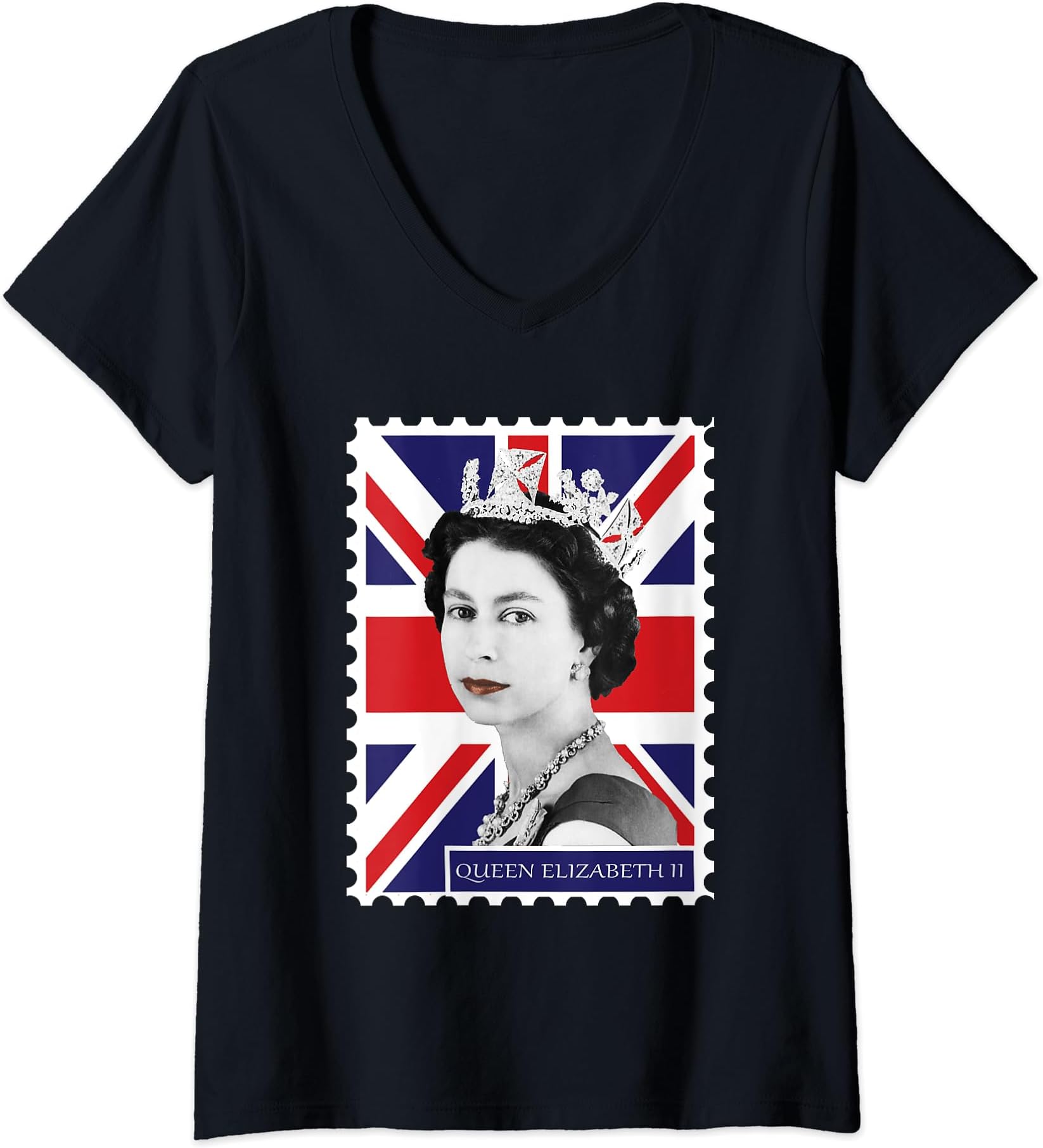 Womens Queen Elizabeth II + Union Jack T-Shirt V-Neck T-Shirt