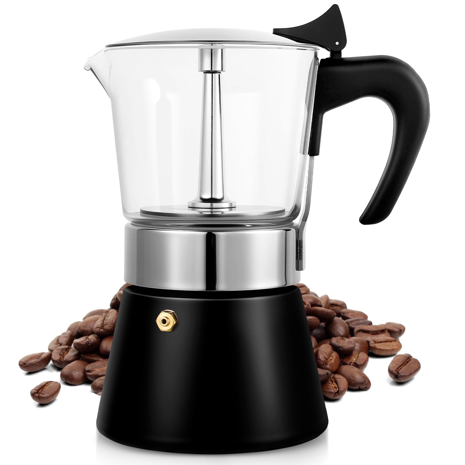 Induction Moka Pot, 9 Cups (15.9 oz) Crystal Glass-Top &amp; Stainless Steel Moka Pot, Classic Stovetop Espresso Maker, Black