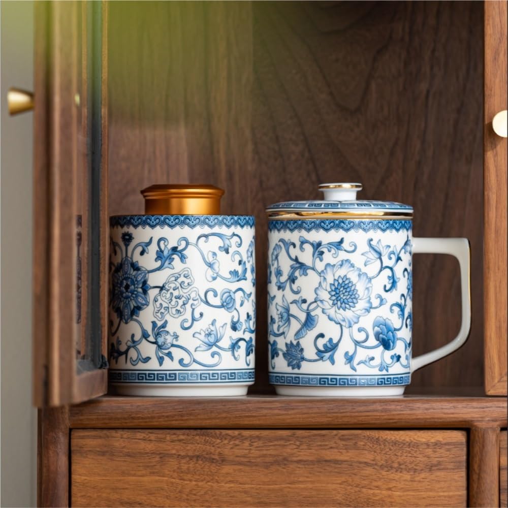 Contenitore per Il tè in Ceramica, contenitori per Il tè Sfuso in Porcellana Blu e Bianca, Filtro per Il tè da Ufficio, Set da tè Cinese, Set da Due scatole per Il tè