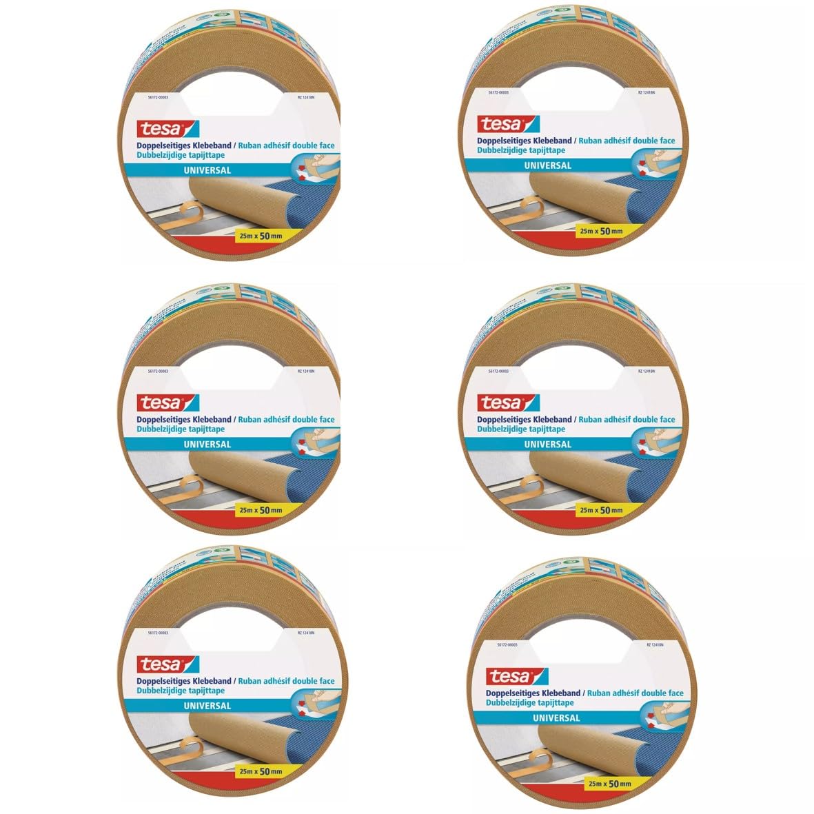 6 Rollen tesa 56172, Doppelseitiges Universal Klebeband, 50mm x 25m
