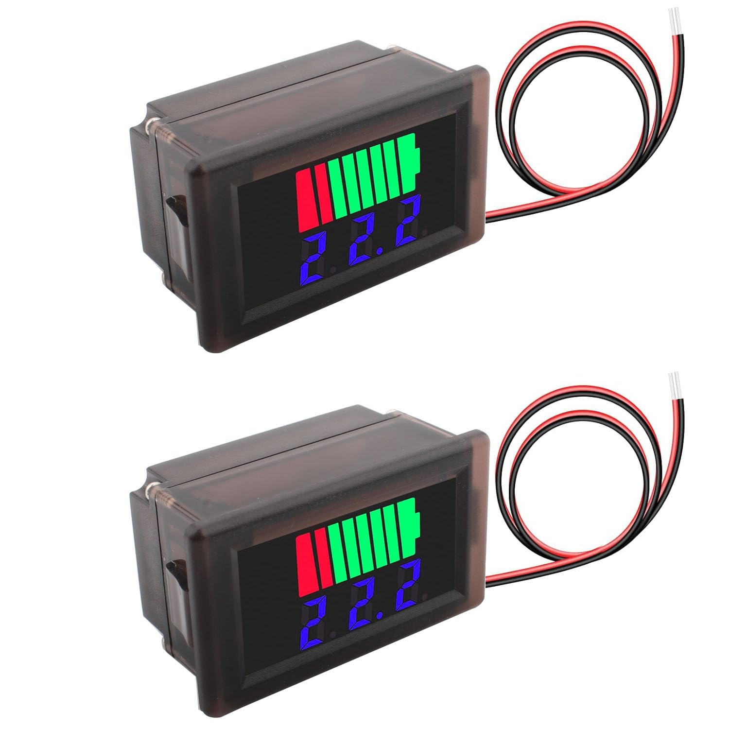 RUNCCI-YUN Indicatore di capacità della batteria, 2 Fil Voltmetro Digitale LED DC 12V 24V 36V 48V 60V Tester di capacità della batteria Blu (2PCS）