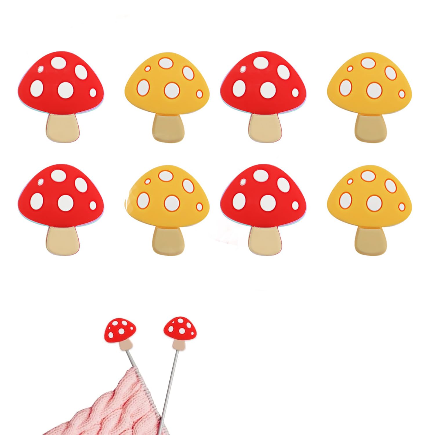 Fibound Orange Red 8-Piece Mushroom Knitting Needle Protectors - Silicone Stitch Savers For Secure Storage - Essential Needle Caps For Knitters & Crafters - Ideal For Diy Quilting & Sewing Projects