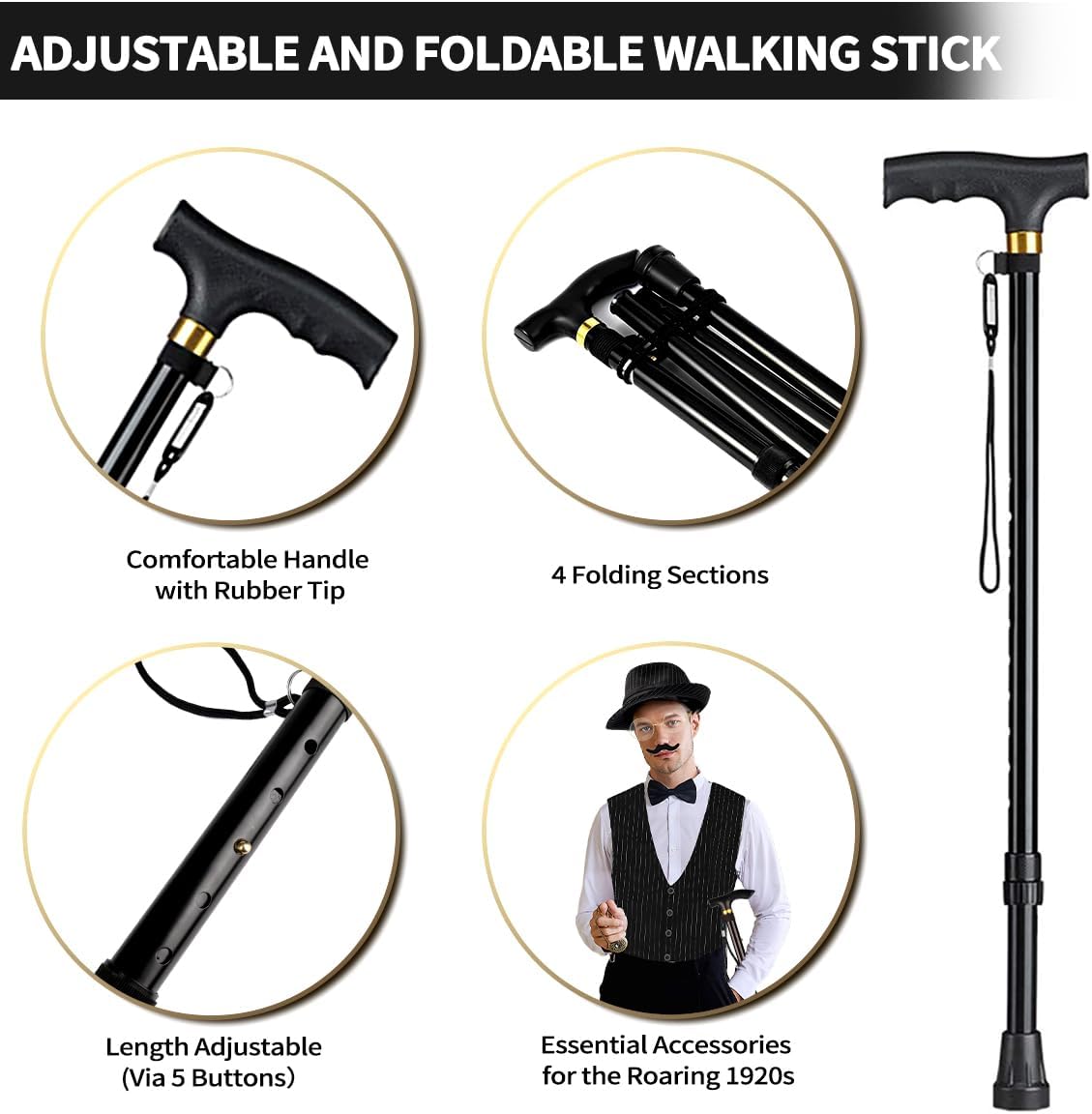 1920s Mens Costume, Roaring 20s Costumes Accessories Set Vest Foldable Crutches Fedora Hat Pocket Watch Tie - Image 4