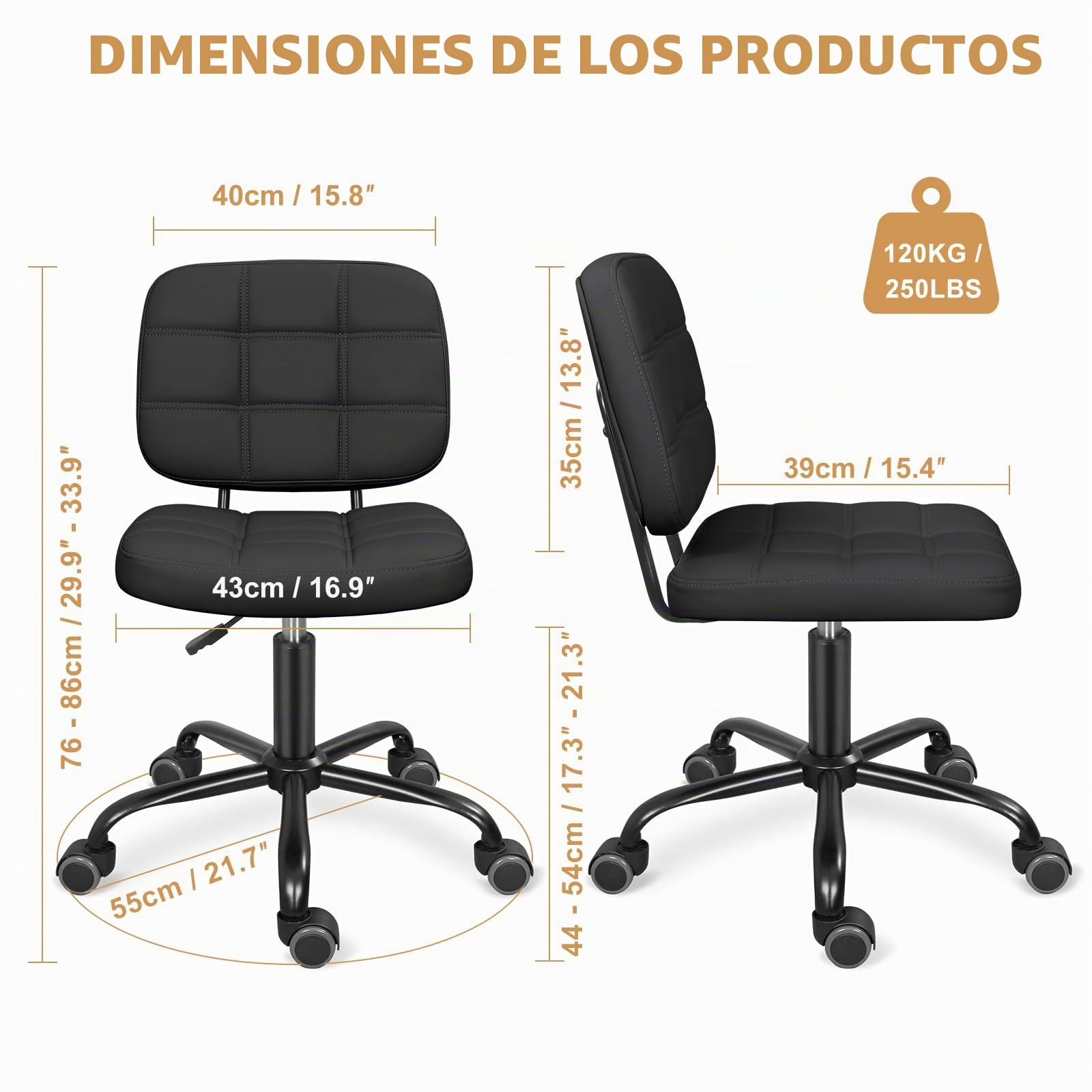 Silla de Oficina Sin Brazos con Ruedas, Giratoria y Ajustable | Silla compacta sin brazos, con altura ajustable, ruedas 360° y cuero sintético para oficina, escritorio o tocador
