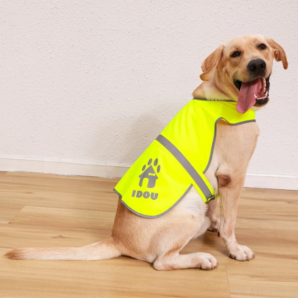 IDOU Yellow Reflective Dog Safety Vest - High Visibility for Walking, Jogging & Training/Oxford/Size L