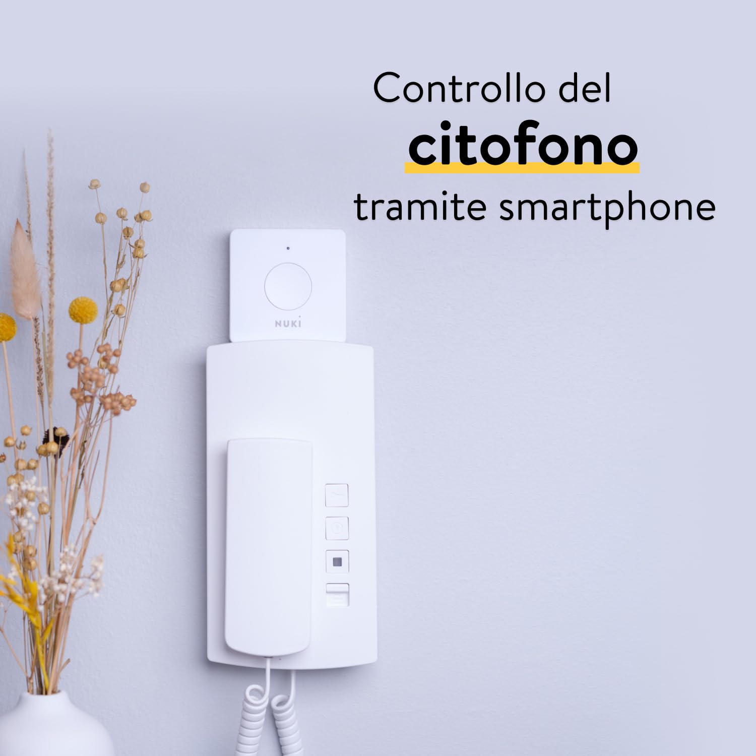 Nuki Opener, serratura elettronica per il condominio, necessario l'uso del Nuki Bridge, comando del citofono tramite smartphone, apriporta automatico case multifamiliari, Smart Home, bianco