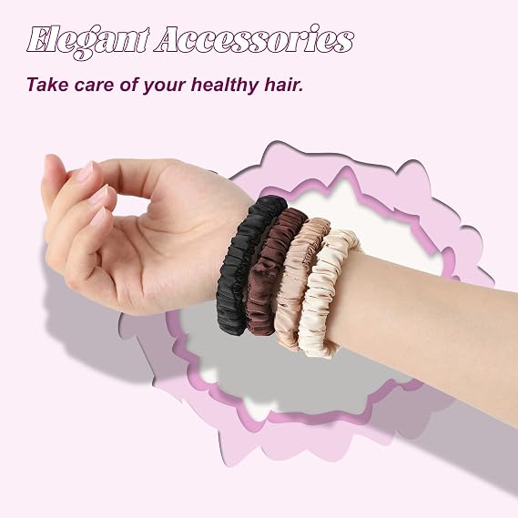 4Pcs Mulberry Silk Scrunchies Set, Silk Hair Ties Elastic for Women, Skinny Scrunchies Reduces Breakage for All Hair Types