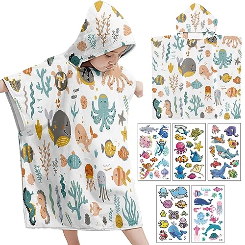 DKDDSSS Toalla de Playa con Capucha de Niños, Toalla Poncho Niño Microfibra, Playa Albornoz de Dibujos Niños, para Niñas Niños de 4 a 8 Años (Ballena)