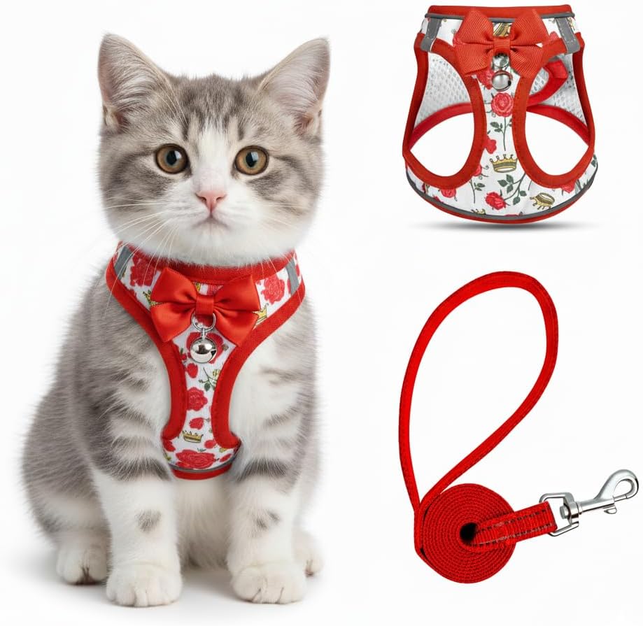Cat Harness and Leash Escape Proof for Walking, Adjustable Soft Kitten Harness with Reflective Straps Step in Cat Vest Harness for Small Kitten and XS Dogs (Red, M-Chest(14.5"-16.3"))