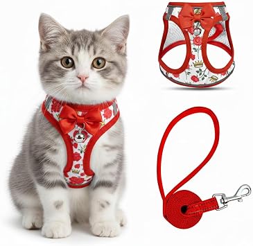 Cat Harness and Leash Escape Proof for Walking, Adjustable Soft Kitten Harness with Reflective Straps Step in Cat Vest Harness for Small Kitten and XS Dogs Red, XS-Chest10.2"-11.8"