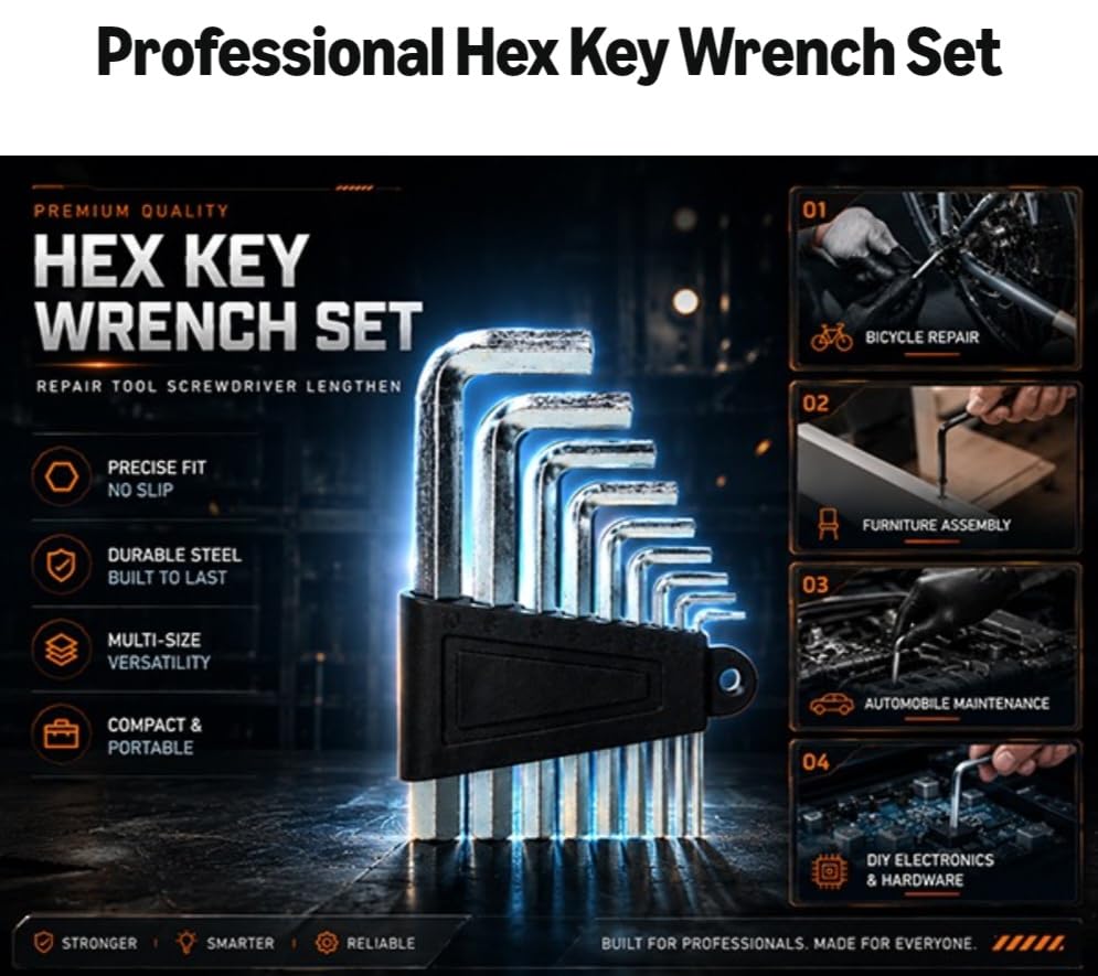 Image of Hex Key Wrench Set, 9-Piece Allen Wrench Set 1.5mm-10mm, Chrome Vanadium Steel L-Shaped Hex Keys for Bike, Furniture, Car & Home Repair