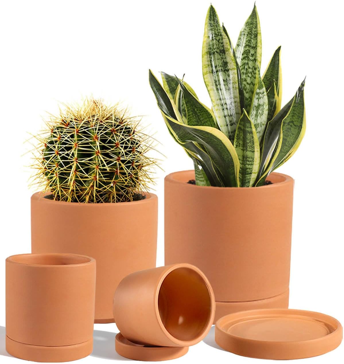 Vensovo Terracotta Pots Set of 4 (3.5/4.2/5.2/6 Inch) with Drainage & Saucers - Breathable Clay Planters for Succulents, Herbs, Indoor/Outdoor Plants
