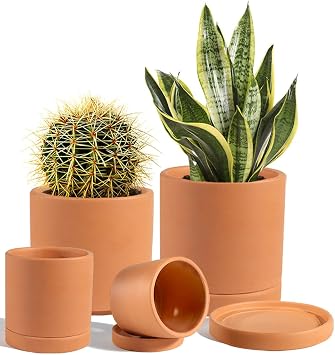 vensovo Terracotta Pots with Drainage and Saucers - 3.5/4.2/5.2/6.0 Inch Clay Planters Set of 4, Round Cylinder Flower Pots for Succulents, Herbs, Indoor Outdoor Plants