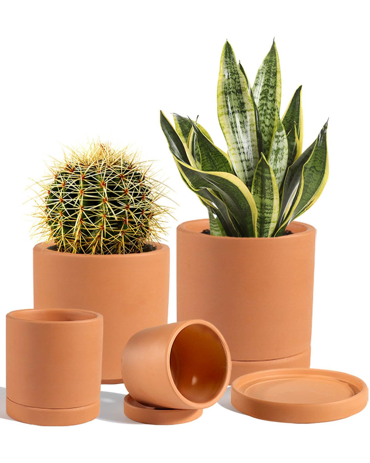vensovo Terracotta Pots with Drainage and Saucer - 3.5/4.2/5.2/6.0 Inch Clay Plants Pots, Round Cylinder Terra Cotta Pot for Indoor Outdoor Plants,Set of 4