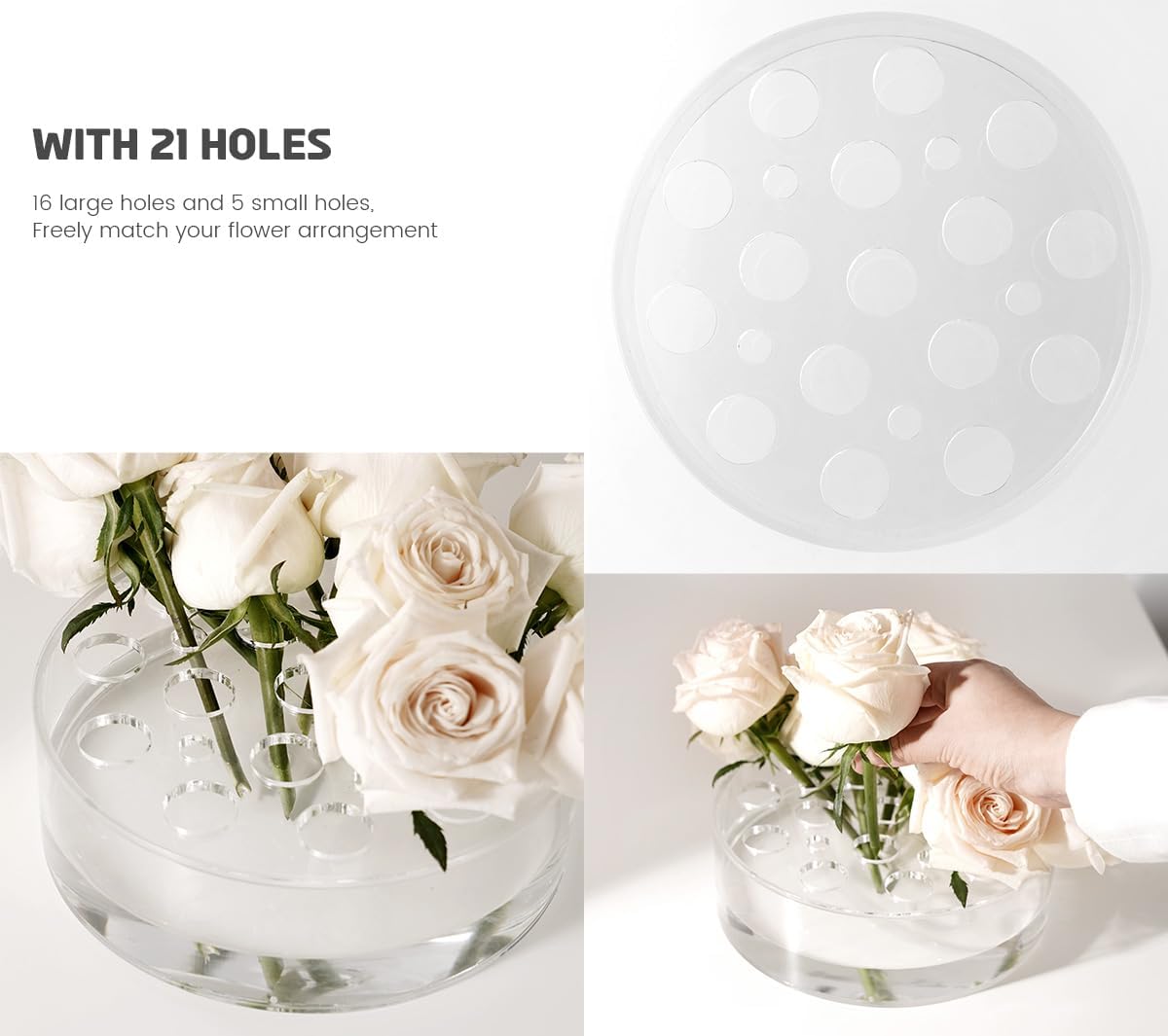 2PACK Large Clear Acrylic Flower Vases with 21 Holes, 8” Round Short Centerpiece Vase for Table Decor Wedding Birthday Home DecorationAcrylic Vase with Holes