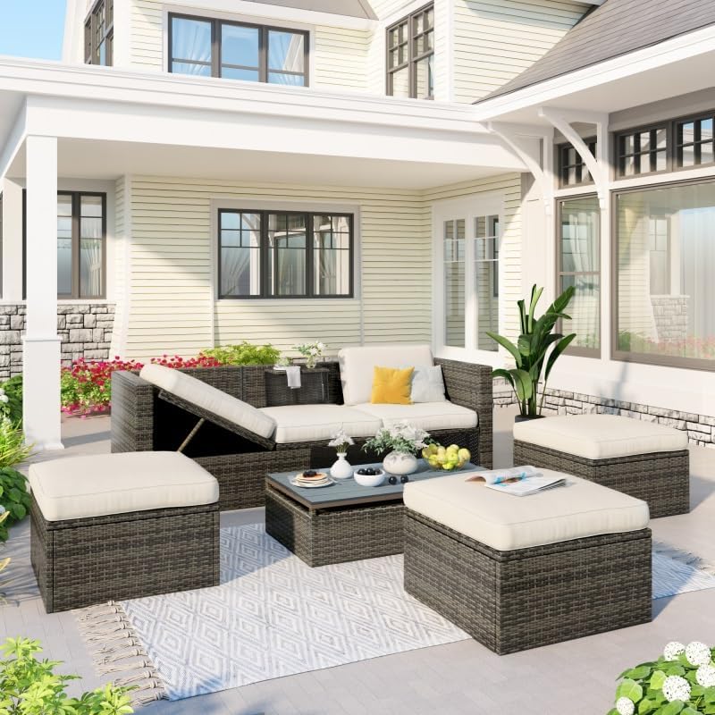 5-Piece Outdoor Furniture Set All-Weather Wicker Patio Conversation Sets Patio Wicker Sofa with Adustable Backrest, Cushions, Footstool and Lift Top Coffee Table