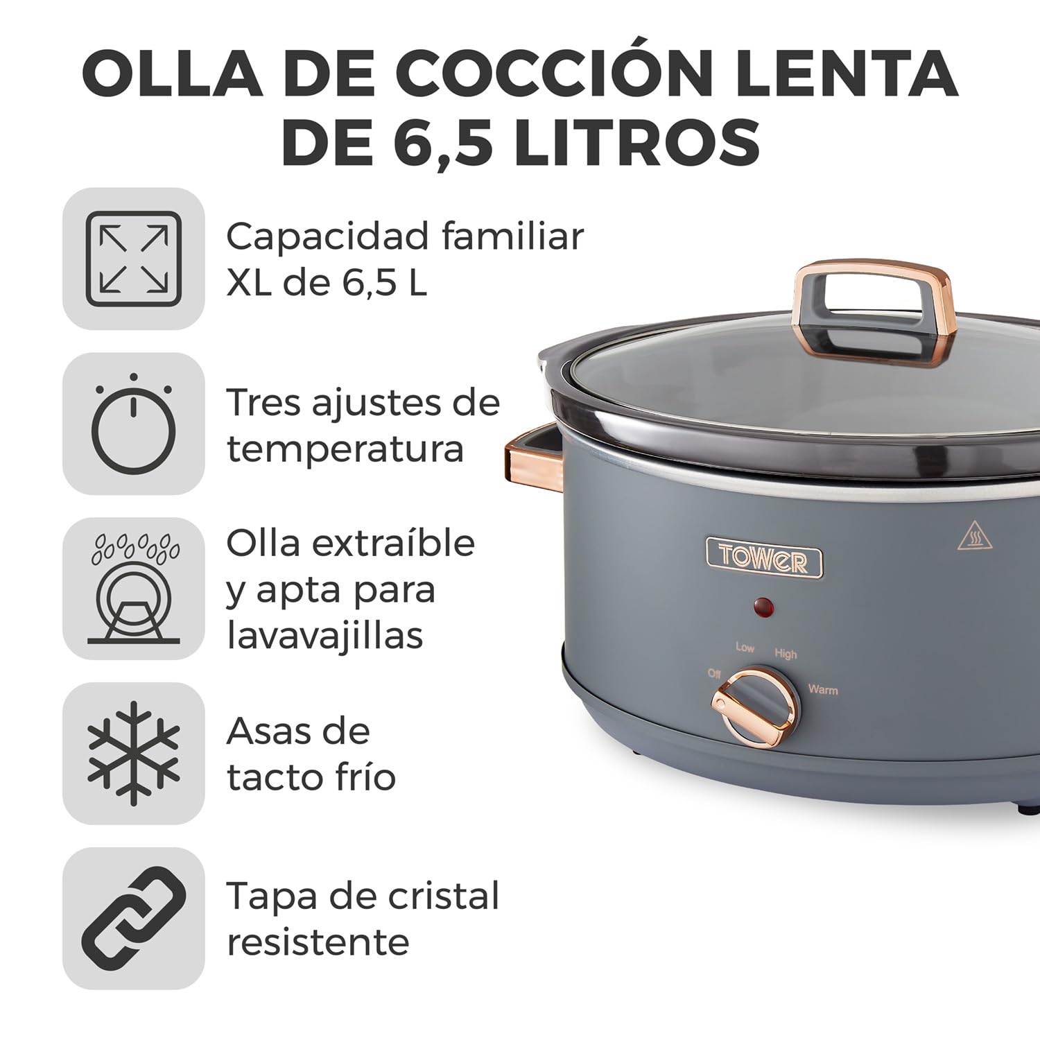 Tower T16043GRY Olla de Cocción Lenta de 6.5 Litros, Modelo Cavaletto – Olla Lenta con 3 Ajustes de Temperatura, Asas de Tacto Frío - Gris y Rosa Oro