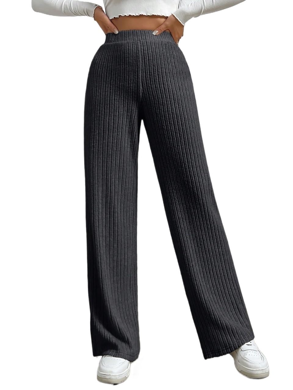 SECOLI 2024 Wide Leg Long Pant for Women Solid Color High Waist Ribbed Straight Loose Casual Pants