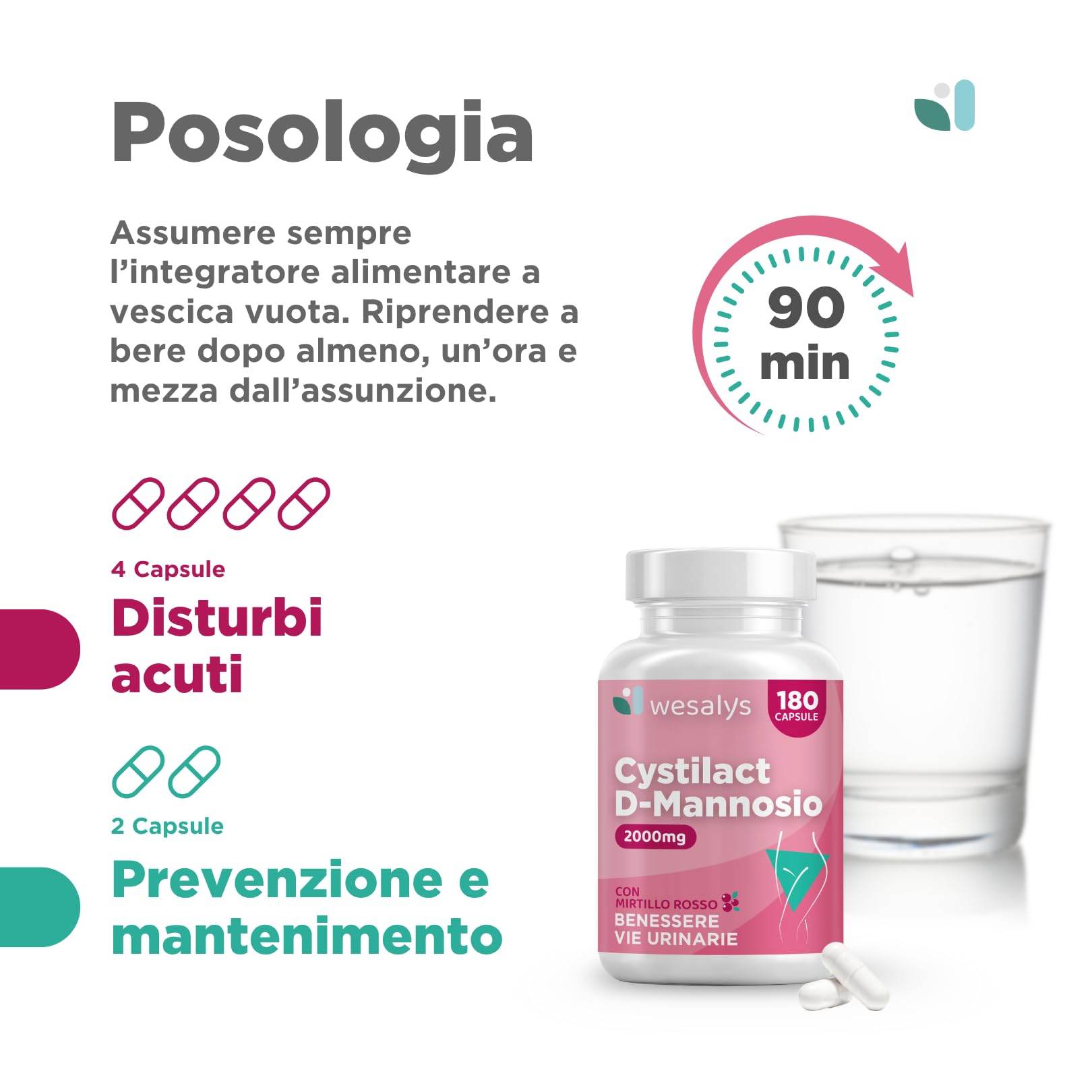 D Mannosio Puro 2000mg | Cistite, CYSTILACT® - 180 CAPSULE con Mirtillo Rosso, Probiotici ed Acido ialuronico | per il benessere delle Vie Urinarie | 100% Vegan, Wesalys