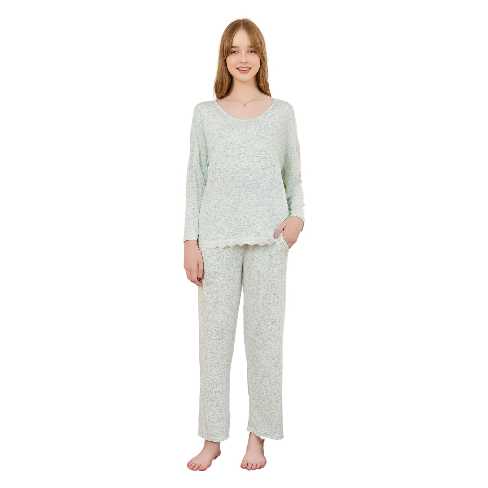 U2SKIIN Long Sleeve Womens Pajama Sets, Comfy Lightweight Pajama Sets for Women 2 Piece Soft Round Collar Lounge Pjs