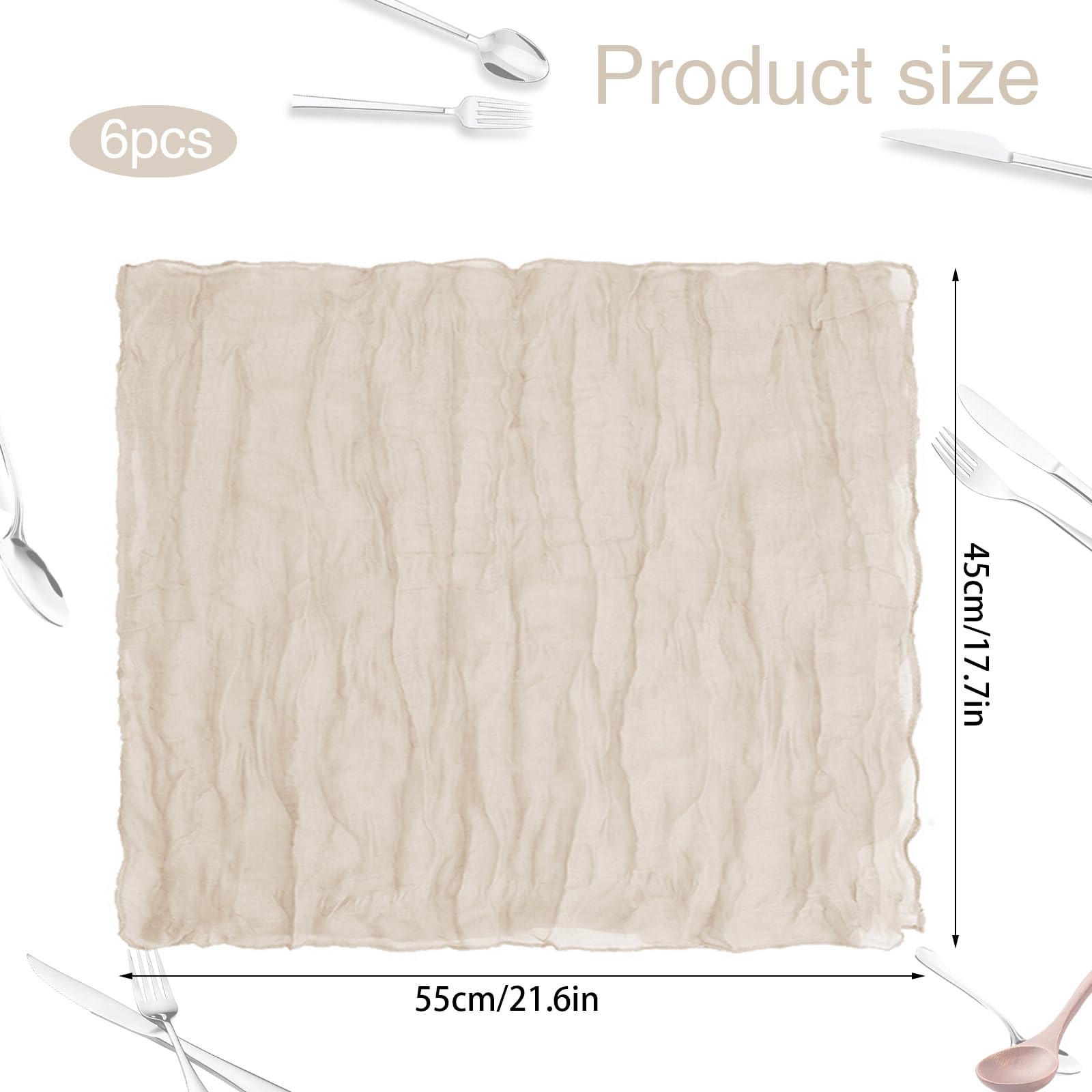 6 Pcs Fabric Napkins Cheesecloth Napkins Table Cloth Napkins Cloth Napkins 45 x 55 cm Napkins for Dinner Versatile Handmade Napkins for Breakfast Dinner Wedding and Parties (beige) - Image 2