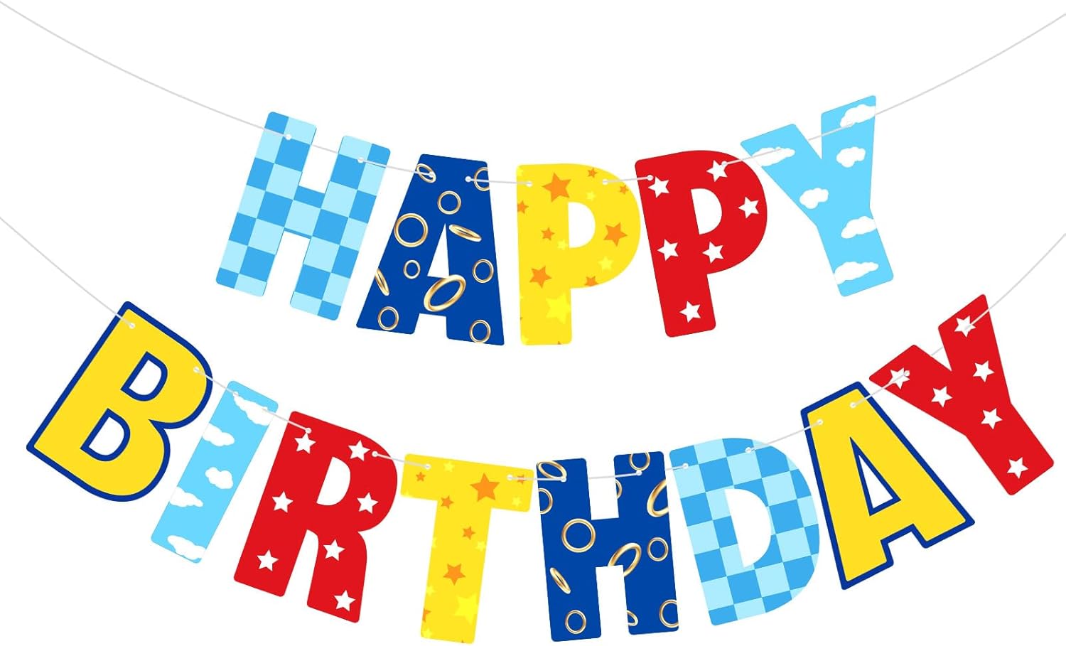 VitalCozy Red Blue and Golden Rings Birthday Banner Pre-Strung Red and Blue Banner for Boys Girls Cartoon Theme Party Decoration Supplies (Colorful Style)