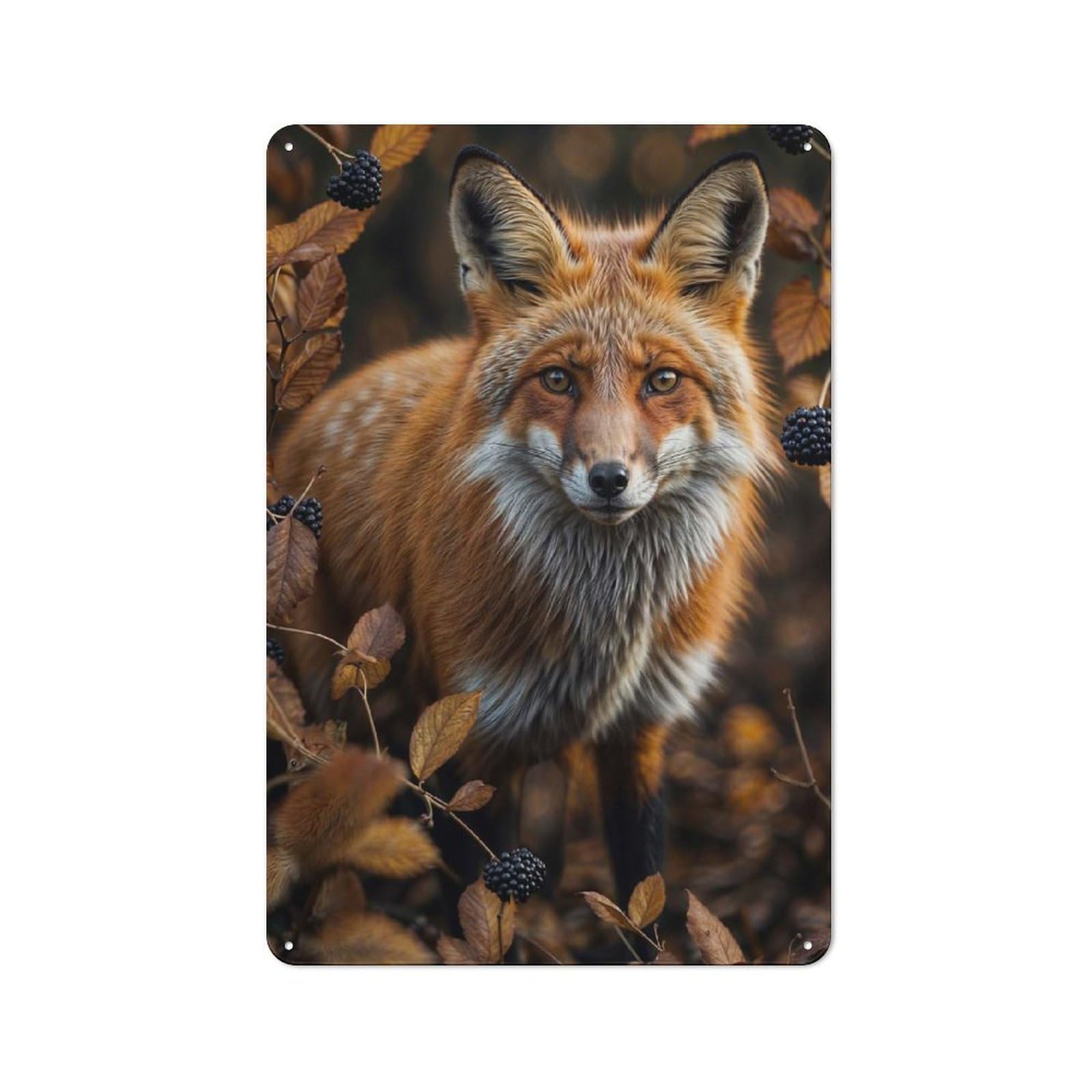 Junmoney Style-19 Metal Sign 30X20cm With Red Fox In Autumn For Pub Or Café, Vintage Decor, For Metal Sign Collectors, For Garage And Workshop Walls