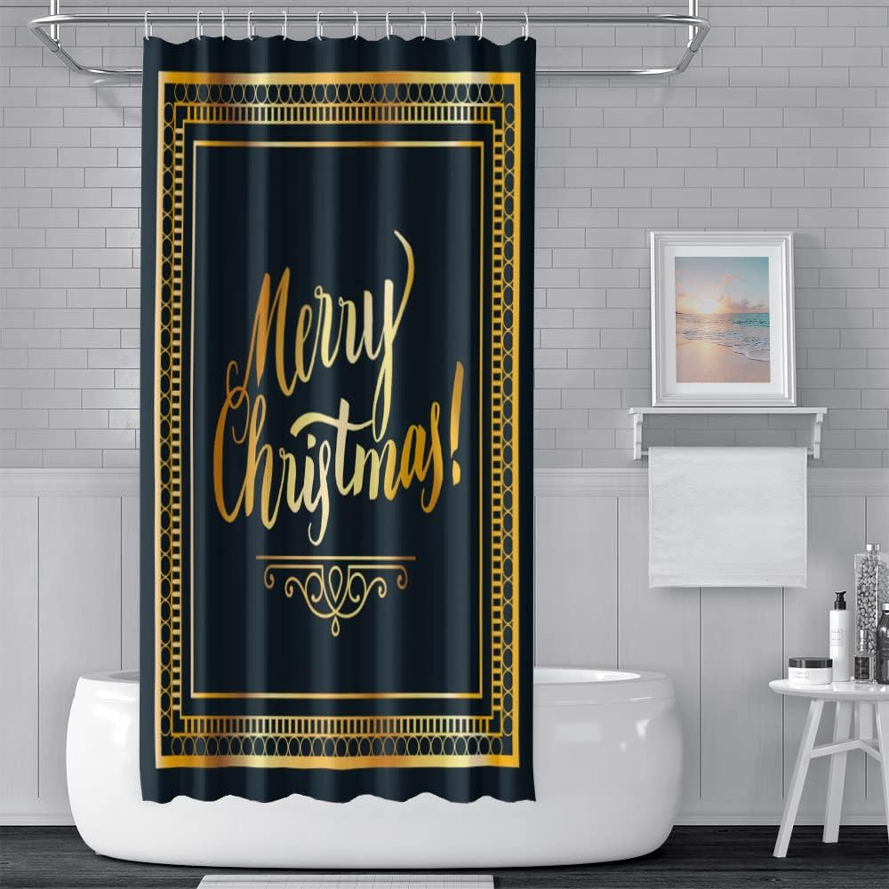 Yeele Merry Christmas Shower Curtain Golden Luxury Bath Shower Curtains Xmas Bathroom Decor Waterproof Polyester Happy New Year Bathtub Curtains with Hooks,72x96in