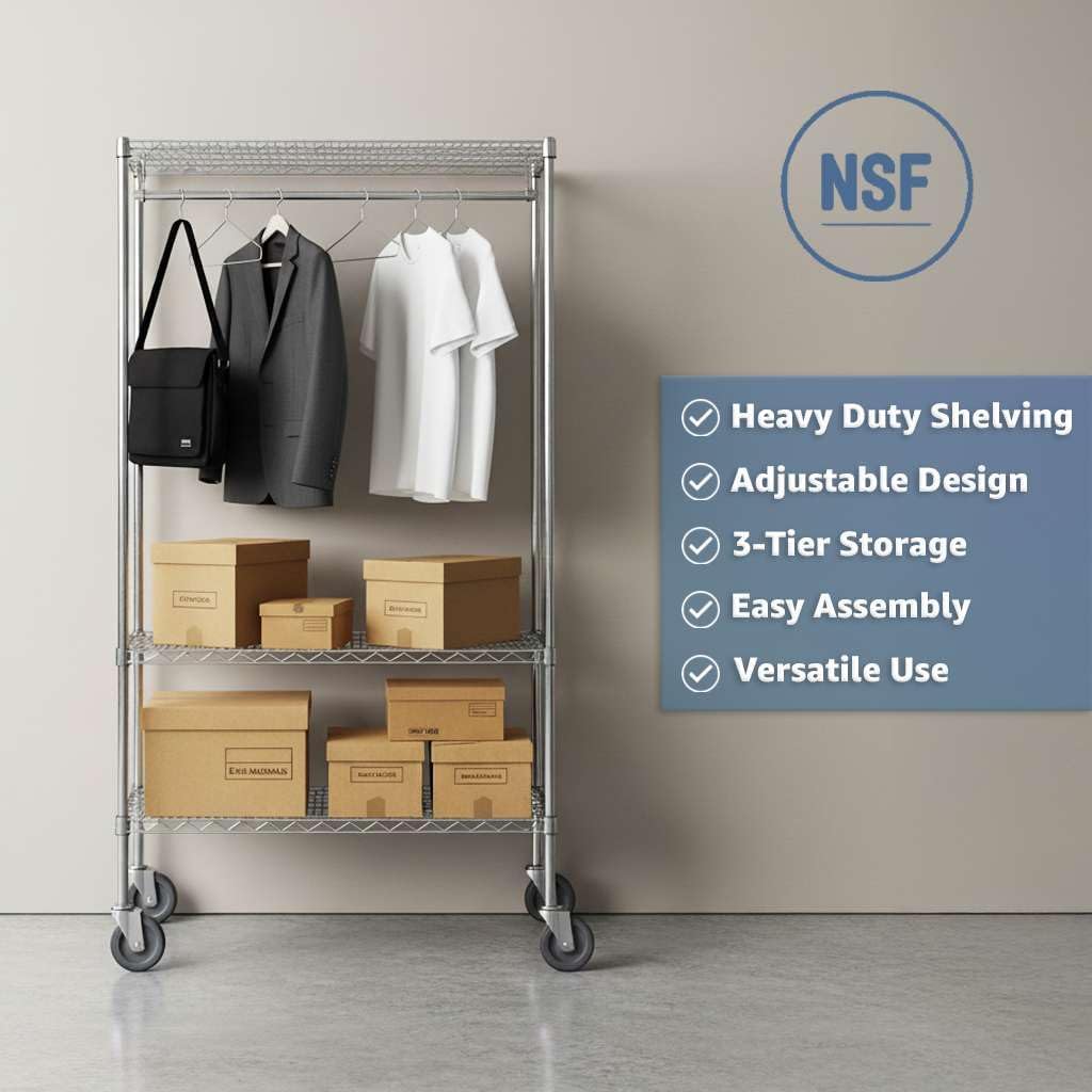 18" x 72" x 70" NSF Chrome Clothes Rack with Wheels, Heavy Duty Garment and Coat Shelf Organizer