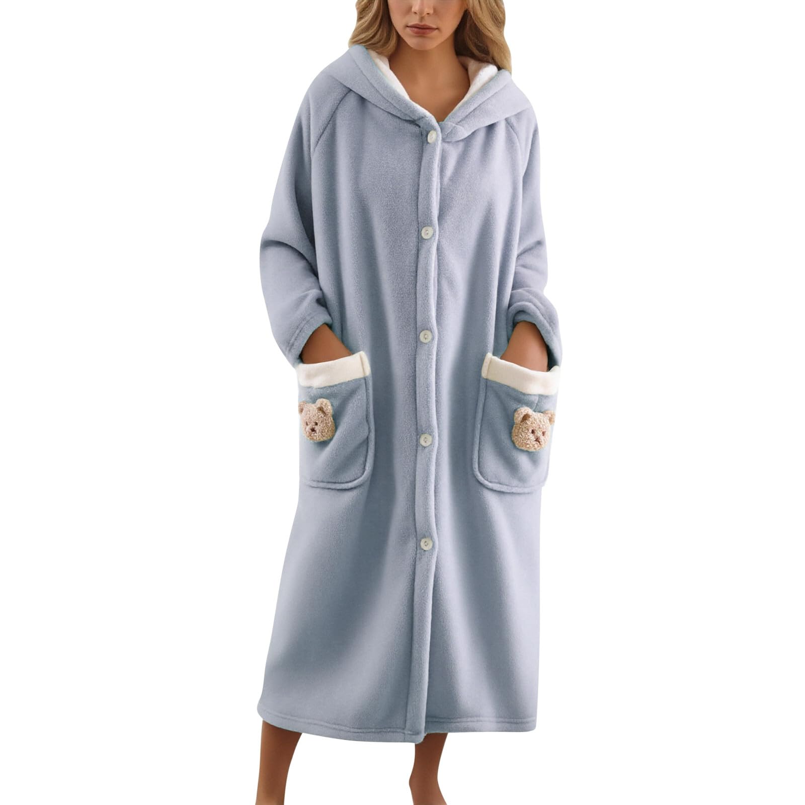 Generisch Camicia da notte da donna, a maniche lunghe, in flanella, soffice, con bottoni, con cappuccio, carino, vestibilità comoda, biancheria da notte media, termica, in morbido pile