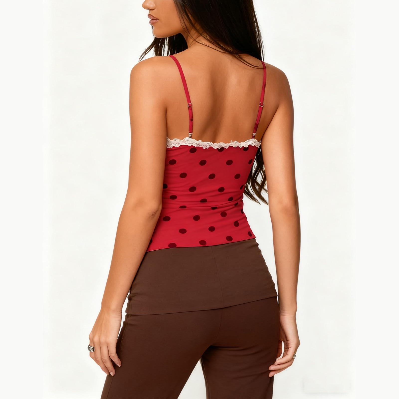 Sexy Outfit Top de Tirantes Y2K con Encaje de Lunares, Cuello en V, Correa de Espagueti, Ajustado, sin Mangas, para Verano, Casual, para Salir