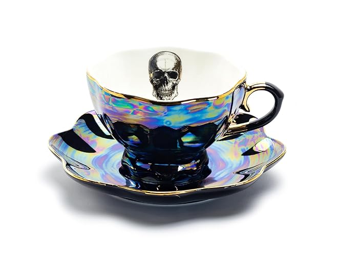 Grace Teaware Skull Black Gold Luster Tea Cup and Saucer with Gold Trim