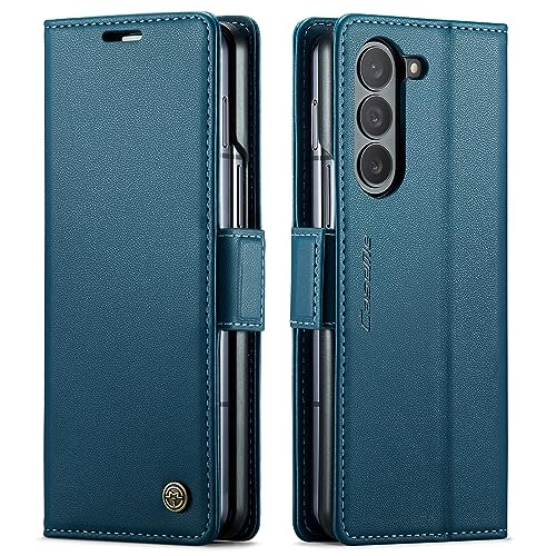 Étui portefeuille Galaxy Z Fold 5 bleu en cuir avec porte-cartes anti-RFID