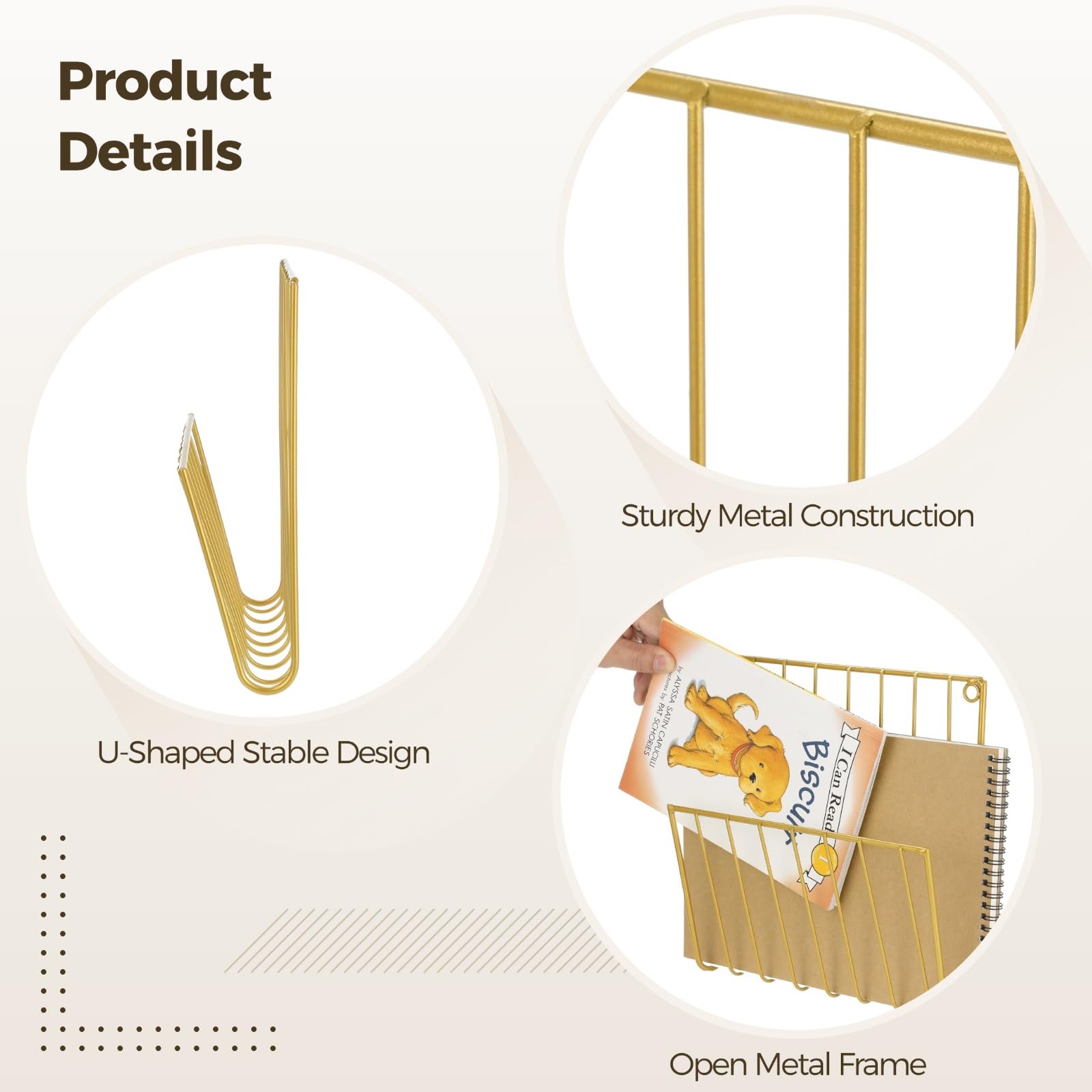 Lot de 2 porte-revues muraux, organisateur de dossiers en fer métal, rangement suspendu pour courrier, journaux, brochures, support décoratif pour maison, bureau et salon, doré