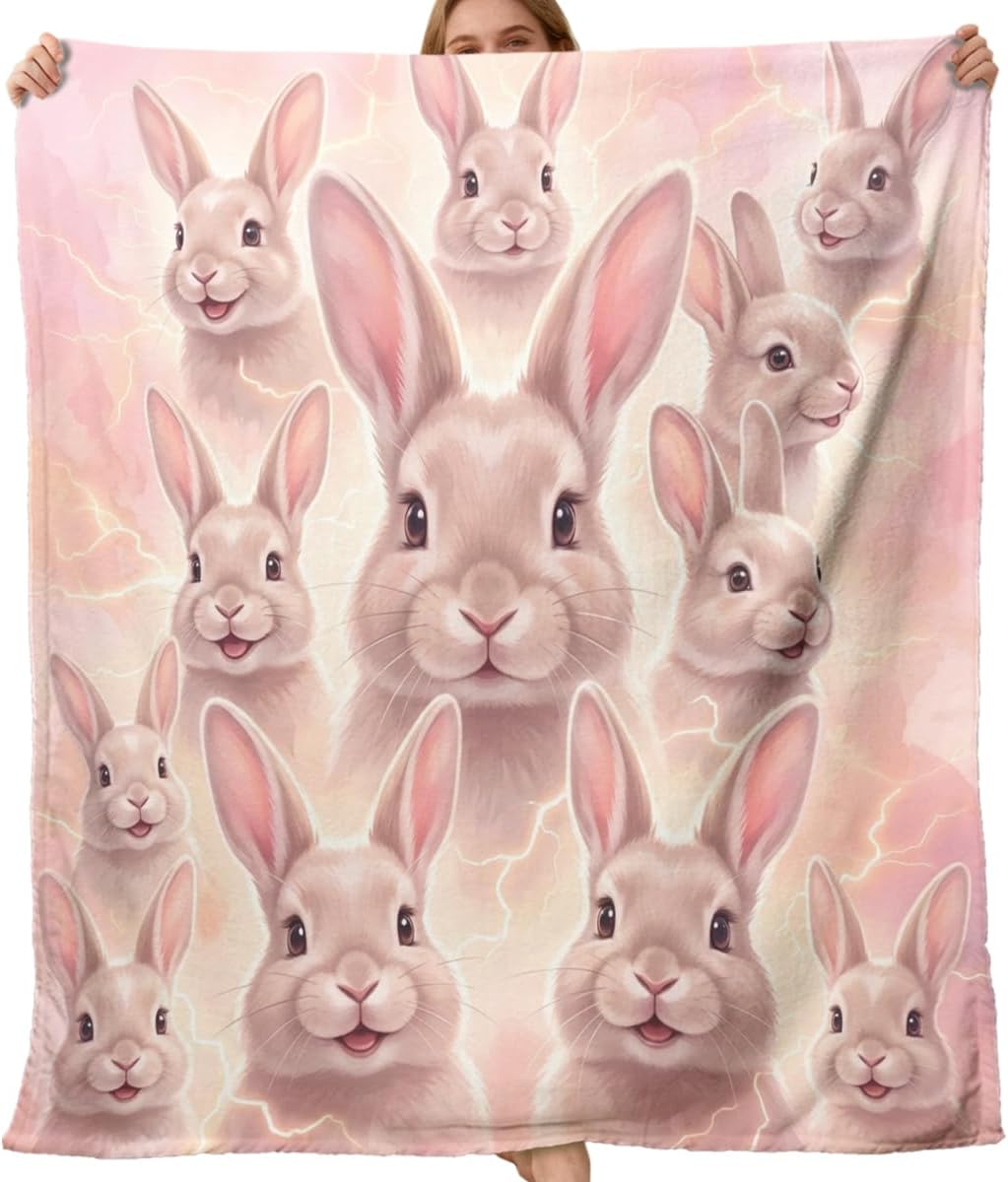 Bunny Flannel Throw Blanket, Animal Totem Soft Pink Design for Girls Kids Bedroom Decor, Cute Rabbit Cozy Style Soft Fuzzy Lightweight Blanket 60x80 Inches Gift for Birthday Easter Baby