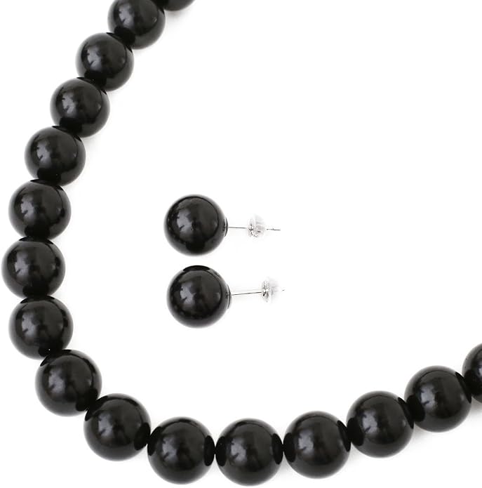 Amazon 天然 ジェット ネックレス 10mm珠 K14wg 42cm ピアス セット グレードアップ ネックレス 通販